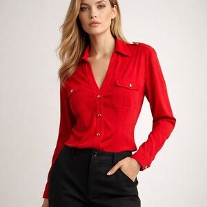 Cache Y2K Red Button Front Blouse | Gold Detail | Size M